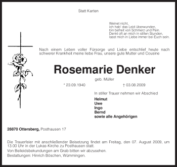 Traueranzeige von Rosemarie Denker von KREISZEITUNG SYKE