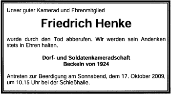 Traueranzeige von Friedrich Henke von KREISZEITUNG SYKE