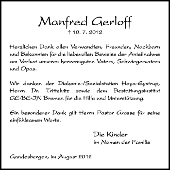 Traueranzeige von Manfred Gerloff von KREISZEITUNG SYKE