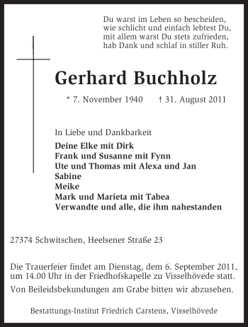 Traueranzeige von Gerhard Buchholz von KREISZEITUNG SYKE