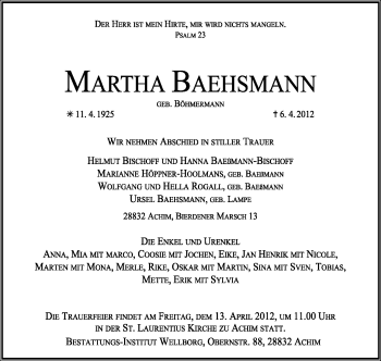 Traueranzeige von Martha Baehsmann von KREISZEITUNG SYKE