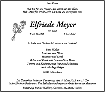 Traueranzeige von Elfriede Meyer von KREISZEITUNG SYKE