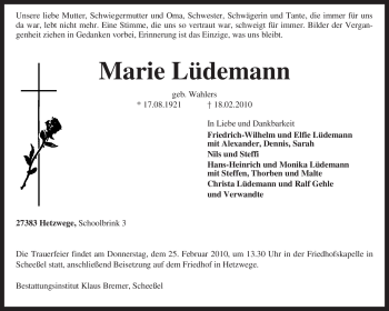 Traueranzeige von Marie Lüdemann von KREISZEITUNG SYKE