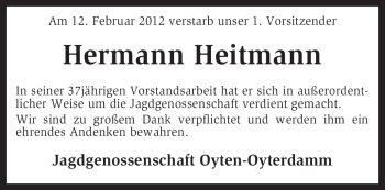 Traueranzeige von Hermann Heitmann von KREISZEITUNG SYKE