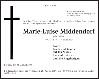 Traueranzeige von Marie-Luise Middendorf von KREISZEITUNG SYKE