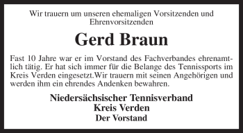 Traueranzeige von Gerd Braun von KREISZEITUNG SYKE