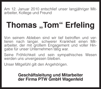 Traueranzeige von Thomas Erfeling von KREISZEITUNG SYKE