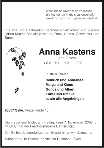 Traueranzeige von Anna Kastens von KREISZEITUNG SYKE