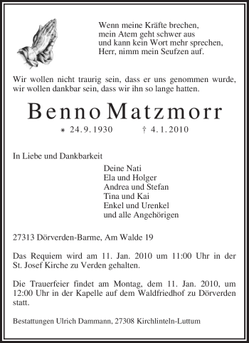 Traueranzeige von Benno Matzmorr von KREISZEITUNG SYKE