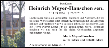 Traueranzeige von Heinrich Meyer-Hanschen von KRZ