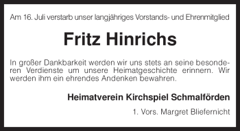 Traueranzeige von Fritz Hinrichs von KREISZEITUNG SYKE