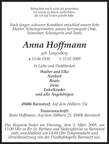 Traueranzeige von Anna Hoffmann von KREISZEITUNG SYKE