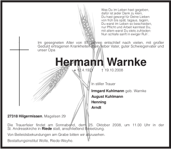 Traueranzeige von Hermann Warnke von KREISZEITUNG SYKE