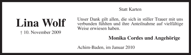  Traueranzeige für Lina Wolf vom 09.01.2010 aus KREISZEITUNG SYKE