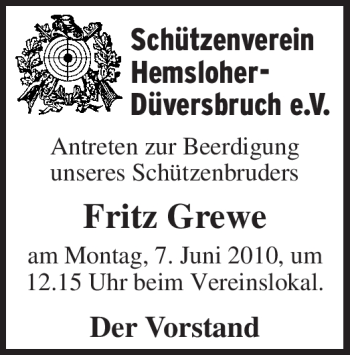 Traueranzeige von Fritz Grewe von KREISZEITUNG SYKE