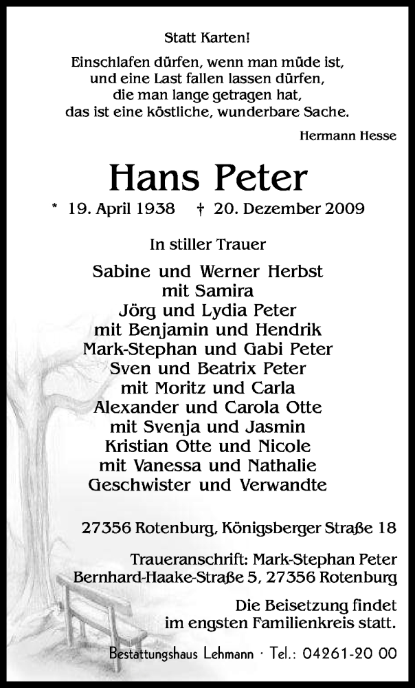  Traueranzeige für Hans Peter vom 23.12.2009 aus KREISZEITUNG SYKE