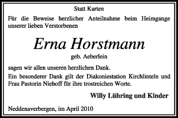 Traueranzeige von Erna Horstmann von KREISZEITUNG SYKE