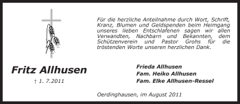 Traueranzeige von Fritz Allhusen von KREISZEITUNG SYKE