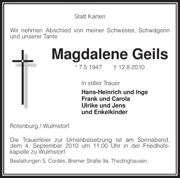 Traueranzeige von Magdalene Geils von KREISZEITUNG SYKE