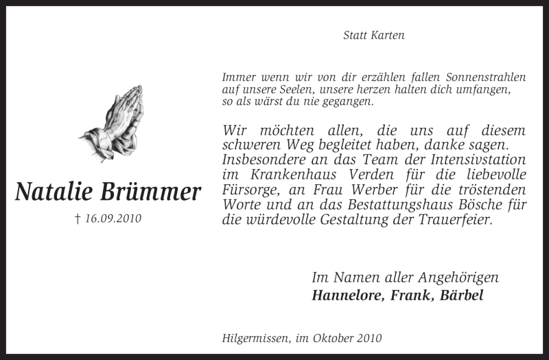  Traueranzeige für Natalie Brümmer vom 23.10.2010 aus KREISZEITUNG SYKE