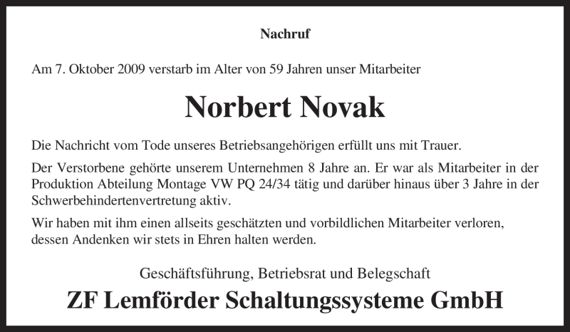  Traueranzeige für Norbert Novak vom 15.10.2009 aus KREISZEITUNG SYKE