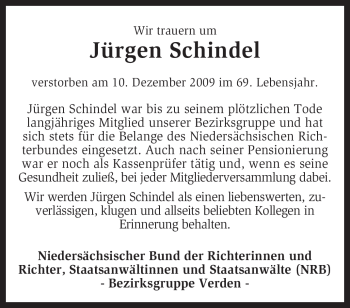 Traueranzeige von Jürgen Schindel von KREISZEITUNG SYKE