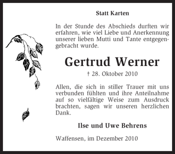 Traueranzeige von Gertrud Werner von KREISZEITUNG SYKE