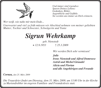 Traueranzeige von Sigrun Wehrkamp von KREISZEITUNG SYKE