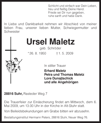 Traueranzeige von Ursel Maletz von KREISZEITUNG SYKE