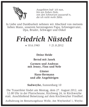 Traueranzeige von Friedrich Nüstedt von KREISZEITUNG SYKE