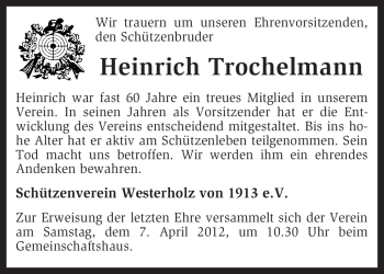 Traueranzeige von Heinrich Trochelmann von KREISZEITUNG SYKE