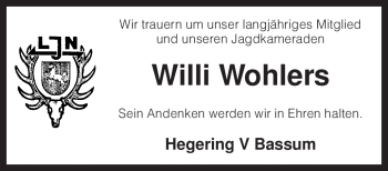 Traueranzeige von Willi Wohlers von KREISZEITUNG SYKE