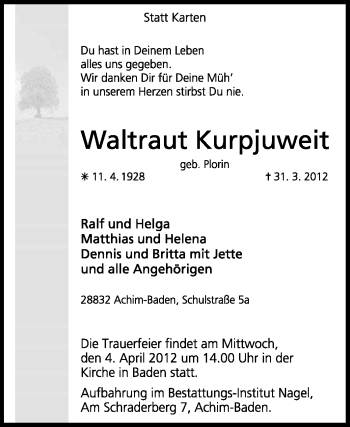 Traueranzeige von Waltraut Kurpjuweit von KREISZEITUNG SYKE