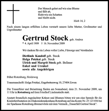 Traueranzeige von Gertrud Stock von KREISZEITUNG SYKE