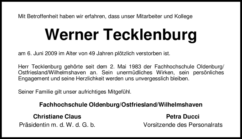  Traueranzeige für Werner Tecklenburg vom 09.06.2009 aus KREISZEITUNG SYKE