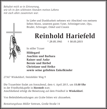 Traueranzeige von Reinhold Hariefeld von KRZ