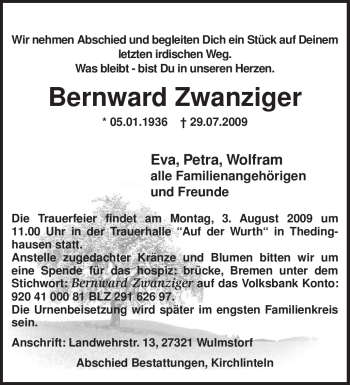 Traueranzeige von Bernward Zwanziger von KREISZEITUNG SYKE