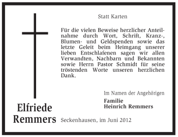 Traueranzeige von Elfriede Remmers von KREISZEITUNG SYKE