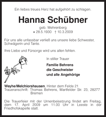 Traueranzeige von Hanna Schübner von KREISZEITUNG SYKE