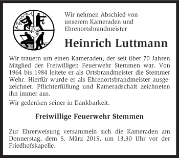 Traueranzeige von Heinrich Luttmann von KRZ