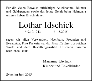 Traueranzeige von Lothar Idschick von KRZ