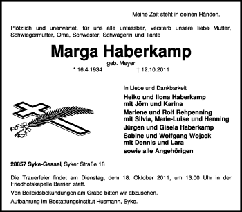 Traueranzeige von Marga Haberkamp von KREISZEITUNG SYKE