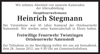 Traueranzeige von Heinrich Stegmann von KREISZEITUNG SYKE