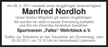 Traueranzeige von Manfred Nordloh von KREISZEITUNG SYKE