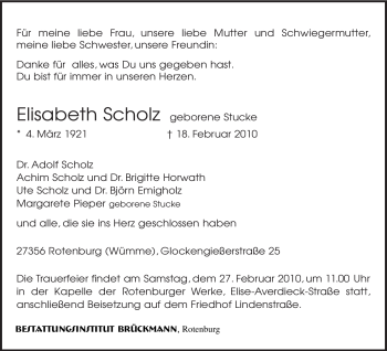 Traueranzeige von Elisabeth Scholz von KREISZEITUNG SYKE