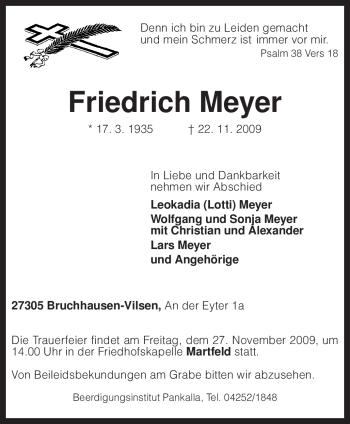 Traueranzeige von Friedrich Meyer von KREISZEITUNG SYKE