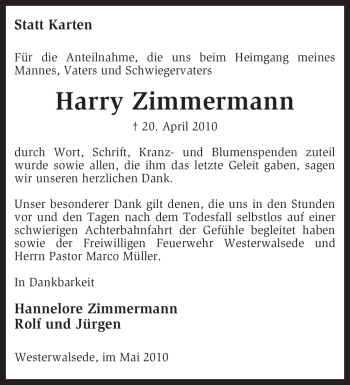 Traueranzeige von Harry Zimmermann von KREISZEITUNG SYKE