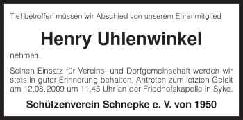 Traueranzeige von Henry Uhlenwinkel von KREISZEITUNG SYKE