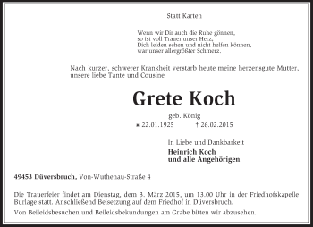 Traueranzeige von Grete Koch von KRZ