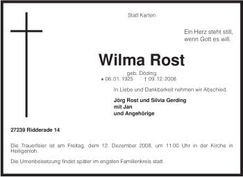 Traueranzeige von Wilma Rost von KREISZEITUNG SYKE